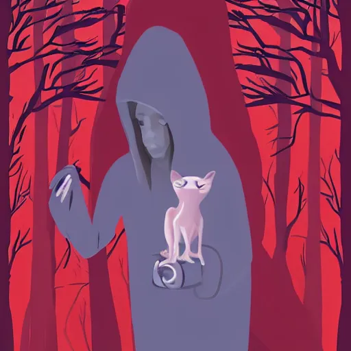 Image similar to a hooded sphynx cat participating in a ritual in a forest, illustration, digital art