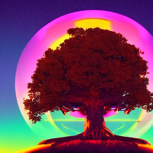 Prompt: synthwave, giant futuristic tree, sunset, sharp, 4k, 2D
