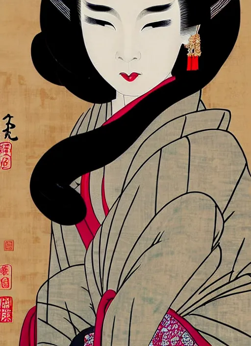 Prompt: glamorous and sexy Geisha portrait in an ancient japanese temple, beautiful pale makeup, pearlescent skin, seductive eyes and face, elegant, lacivious pose, very detailed face, highly detailed kimono, ancient japanese temple on the background, photorealism, a portrait by Magali Villeneuve and Steve Argyle,Livia Prima,lino print