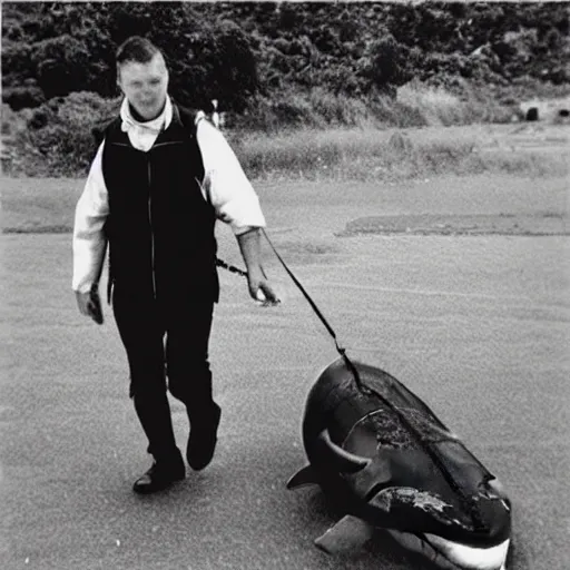 Image similar to “A photo of a man walking a whale on a leash like a dog”