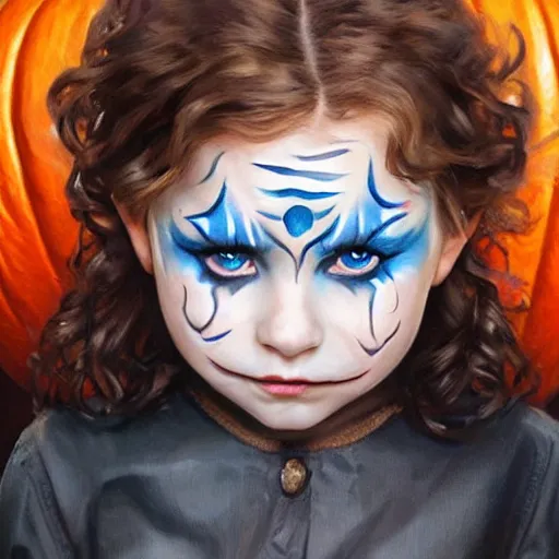 Prompt: a little girl with short wavy curly light brown hair and blue eyes in the most amazing children's halloween costume with her face painted like a pumpkin. painting by artgerm and greg rutkowski.