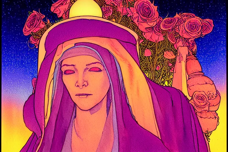 Image similar to a hyperrealist watercolour character concept art portrait of the blessed mother mary at night in las vegas, nevada. there is a ufo. neon roses. psychedelic elements. by rebecca guay, michael kaluta, charles vess and jean moebius giraud