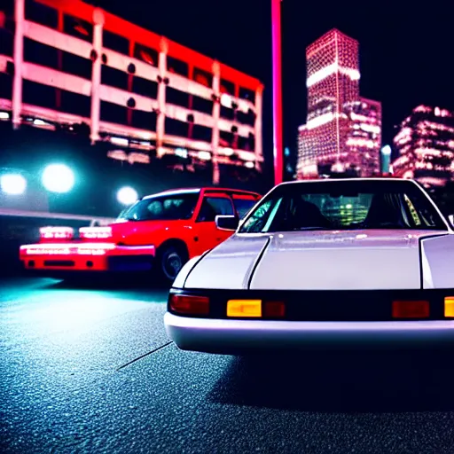 Prompt: a car 90's JDM turbo at illegal car meet, Saitama prefecture, city midnight mist lights, cinematic color, photorealistic, highly detailed, 200MM