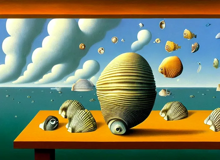 Image similar to a city with fish citizens inside the seashell, by jacek yerka by magritte, surrealistic painting, masterpiece, oil painting, sharp focus, highly detailed, intricate, smooth, 8 k,