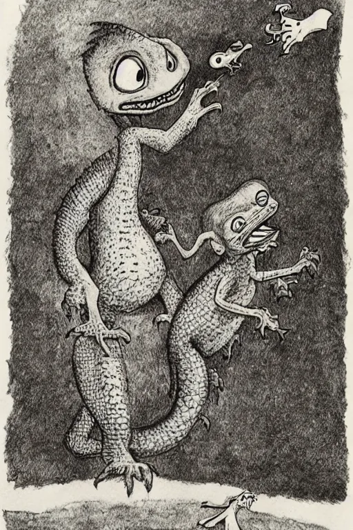 Prompt: an angry lizard, by maurice sendak