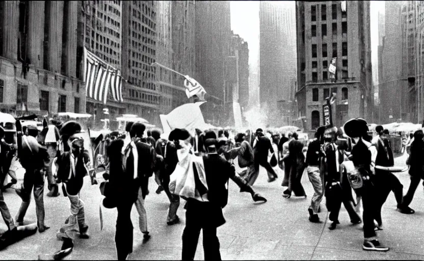 Image similar to photorealistic picture of wallstreet 1 9 8 4 style