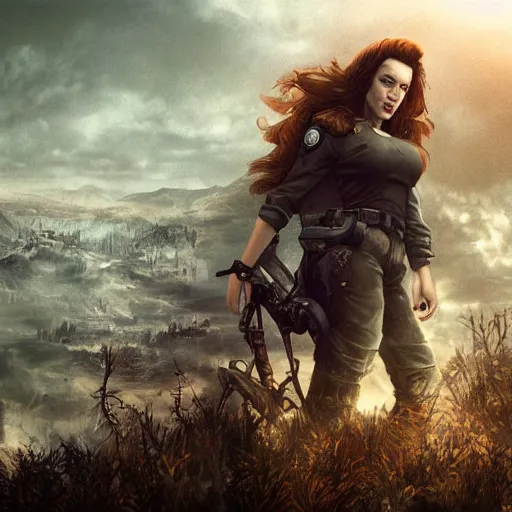 Image similar to fallout 5, charismatic beautiful rugged brunette female protagonist, portrait, outdoors ruined cityscape, atmospheric lighting, painted, intricate, volumetric lighting, beautiful, daytime, sunny weather, few clouds, sharp focus, deep colours, ultra detailed, by leesha hannigan, ross tran, thierry doizon, kai carpenter, ignacio fernandez rios