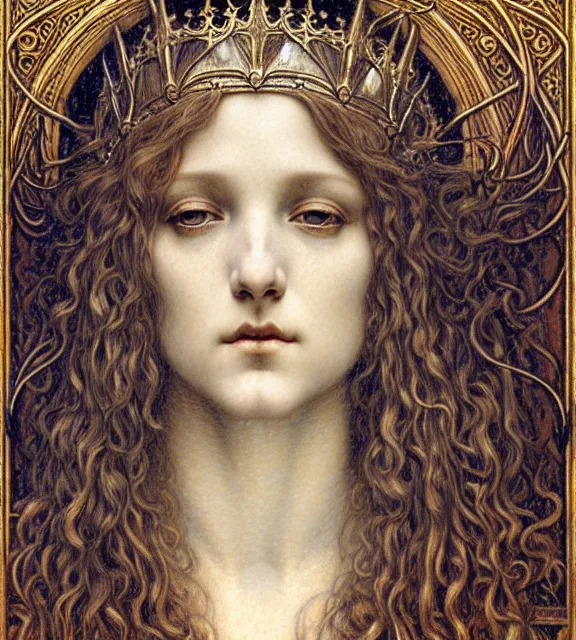 Image similar to detailed realistic beautiful young medieval queen face portrait by jean delville, gustave dore and marco mazzoni, art nouveau, symbolist, visionary, gothic, pre - raphaelite. horizontal symmetry