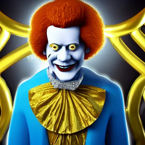 Image similar to A still of Ronald McDonald surrounded by gold and diamonds, Award-winning, photograph, 3d render, unreal engine, 4k detailed