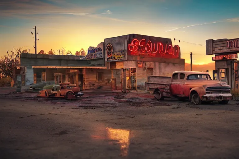 Image similar to a sunset light landscape with historical route 6 6, lots of sparkling details and sun ray ’ s, blinding backlight, smoke, volumetric lighting, colorful, octane, 3 5 mm, abandoned gas station, old rusty pickup - truck, beautiful epic colored reflections, very colorful heavenly, softlight