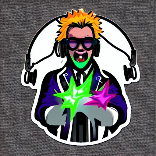 Image similar to svg vector sticker of absolutely insane-mad-scientist-villain, rocking out, wearing headphones, huge speakers, dancing, rave, DJ, spinning records, digital art, amazing composition, rule-of-thirds, award-winning, trending on artstation, featured on deviantart