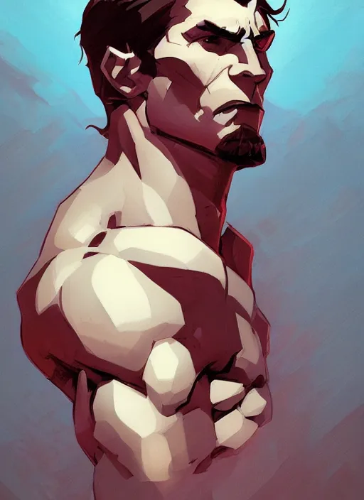Prompt: man with a chiseled jaw and a stoic look on his face, heroic, glorious, in the style of artgerm, gerald brom, atey ghailan and mike mignola, vibrant colors and hard shadows and strong rim light, plain background, comic cover art, trending on artstation