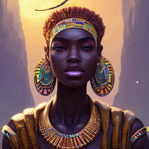 Prompt: highly detailed portrait of an african egyptian goddess, neon ankh, stephen bliss, unreal engine, fantasy art by greg rutkowski, loish, rhads, ferdinand knab, makoto shinkai and lois van baarle, ilya kuvshinov, rossdraws, tom bagshaw, global illumination, radiant light, detailed and intricate environment