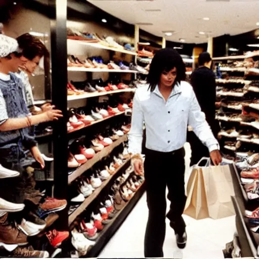 Prompt: michael jackson shopping for shoes in a busy mall