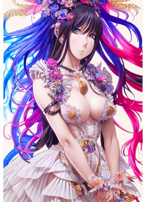 Prompt: highly detailed artstation minaba hideo anime poster of girl mechine, long hair, armor, dress, laces, ruffles, 8 k, rainbow gradient bloom, maximalist, hajime sorayama, takeshi obata, artgerm, alphonse mucha