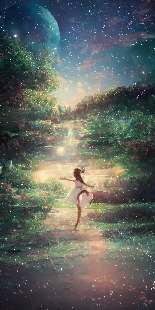 Image similar to a stunning beautiful scene render of somewhere in time a little girl dance latin, emotional, moving, quiet, wonderland, aloneness, dream, realistic, starry night, light effect, moody, attractive, hyper details, 8 k hd, in the style of studio ghibli, beeple, makoto shinkai, animation style, super wide angle, movie lights, very clear