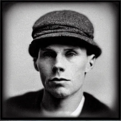 Image similar to A photograph portrait of Jerma985 wearing a newsboy cap in the early 1900s, taken in the early 1900s, grainy, taken on a early 1900s Kodak Camera, realistic, hyperrealistic, very realistic, highly detailed, very detailed, extremely detailed, detailed, digital art, trending on artstation