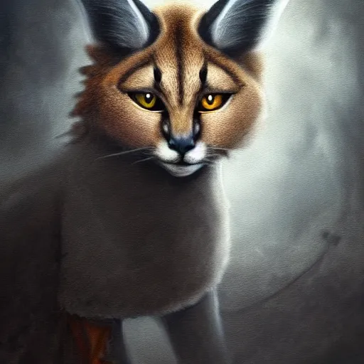 Prompt: a portrait of a cute fluffy caracal wearing leather armor from skyrim, fantasy setting, dark environment, serene colors, soft lighting, atmospheric, cinematic, moody, in the style of diego koi, gina heyer, luiz escanuela, art by alyssa monk, hyperrealism, rule of thirds, golden ratio, oil on canvas, 8 k