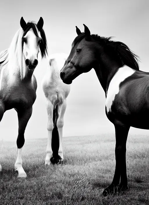 Image similar to two horses black and white portrait white sky in background