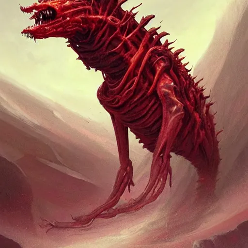 Prompt: scifi art by Greg Rutkowski, four legged hideous monster made of twisted human flesh and reddish ooze with an elongated snout, a slender body, and elongated limbs, vicious appearance, scifi, space horror, digital painting, artstation, concept art, smooth, sharp foccus ilustration, Artstation HQ.