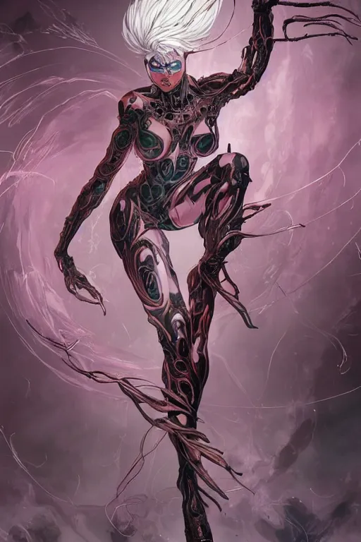 Prompt: comic art,Sprial, a beautiful female six-armed Mutant and Cyborg Sorcerer with white hair long legs dancing in the air,full character design,8k,art by Stanley Artgermm,Travis Charest,Carne Griffiths,trending on Artstation,face enhance,hyper detailed,full of colour,cinematic,dynamic lighting