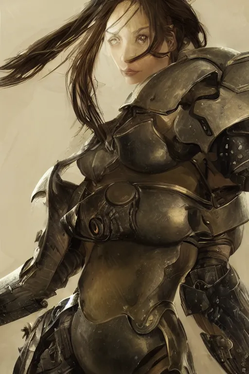 Image similar to a professional portrait of an attractive young female, partially clothed in battle armor, olive skin, long dark hair, beautiful bone structure, symmetrical facial features, intricate, elegant, digital painting, concept art, illustration, sharp focus, from Metal Gear, in the style of Ruan Jia and Mandy Jurgens and GregRutkowski and William-Adolphe Bouguerea