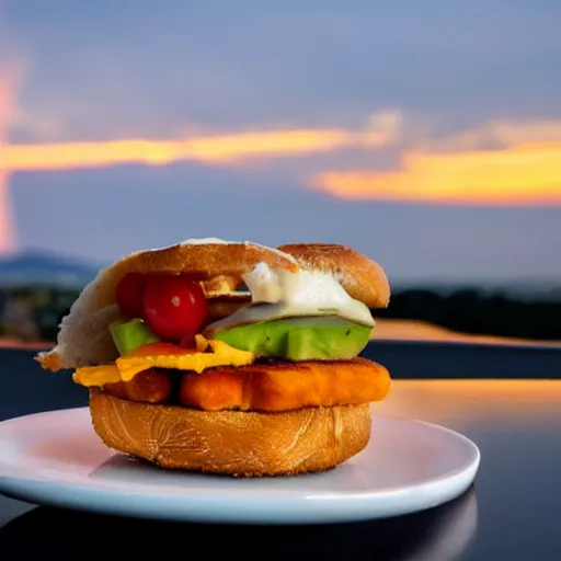 Image similar to one sandwich with fried tofu, one tomato slice, mayonaisse, one onion ring, avocado, melted cheddar, over a red dish that is on a table, with a sunset and rainbow in the background with saturn and stars in the sky