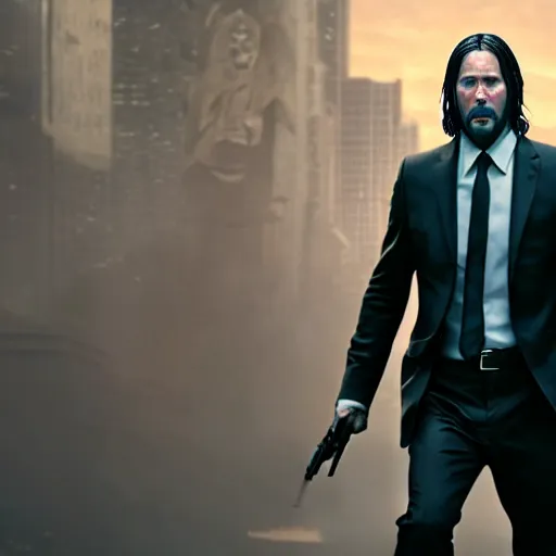 Image similar to jesus christ in john wick fighting scene, 4 k, high resolution, still, landscape, hd, dslr, hyper realistic