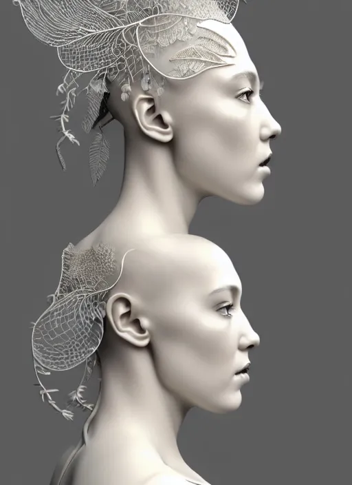 Image similar to complex 3d render ultra detailed of a beautiful porcelain profile young woman face, biomechanical cyborg, 150 mm lens, beautiful studio soft light, rim light, silver white gold details, magnolia big lemon leaves and stems, roots, fine foliage lace, mesh wire, Alexander Mcqueen high fashion haute couture, art nouveau fashion embroidered, steampunk, intricate details, hyper realistic, ultra detailed, mandelbrot fractal, anatomical, facial muscles, cable wires, microchip, elegant, octane render, H.R. Giger style, volumetric lighting, 8k post-production