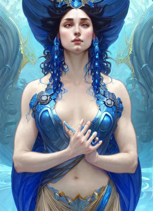 Image similar to a goddess of water wearing blue armor, with hands and hair turning into wearing, fantasy, intricate, elegant, highly detailed, digital painting, artstation, concept art, wallpaper, smooth, sharp focus, illustration, art by artgerm and greg rutkowski and alphonse mucha