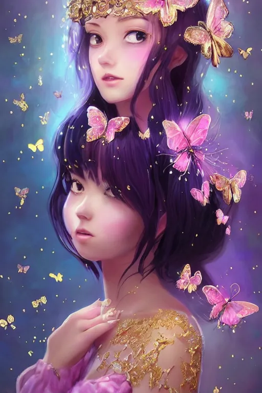 Prompt: beautiful princess in gold and purple pink dress, black hair, butterflies in her hands, soft lighting, symmetrical portrait, high quality, cinematic by WLOP and Rossdraws, concept art of character. Epic composition, hyperrealism, award winning artwork, realistic hair, artstation trend, high quality print, fine art with subtle redshift rendering,