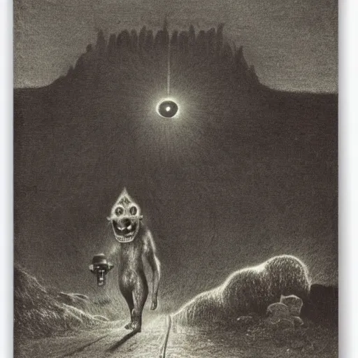 Prompt: giant hyena standing on a desert road at night with glowing eyes, laughing, hard flashlight, eerie strange bizarre, by alfred kubin