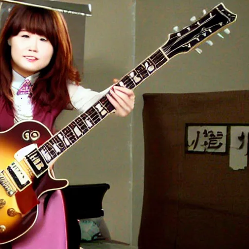 Prompt: real-life Yui Hirasawa with a Gibson Pre-'08 Les Paul Standard having fun, a still of a Japanese movie