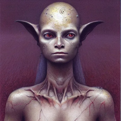 Prompt: portrait of ethereal 18 years old goblin princess in golden armour by Beksinski