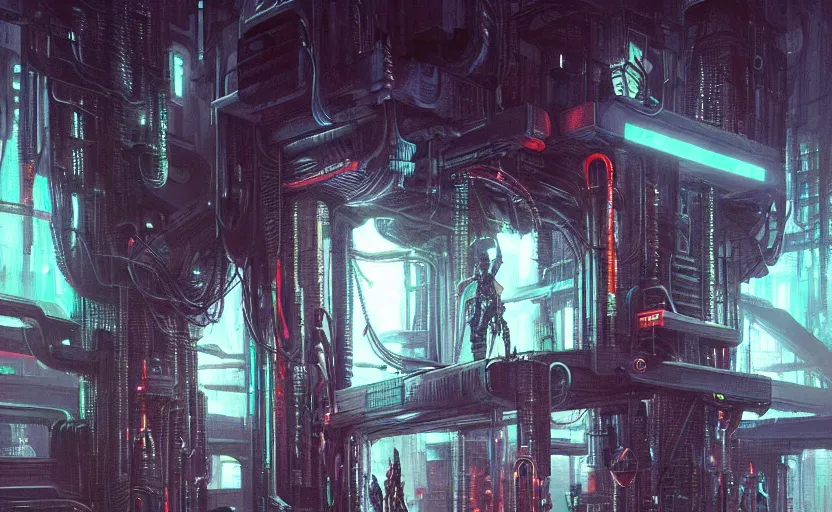 Image similar to neon drilling machine cyberpunk futuristic art by giger, greg rutkowski