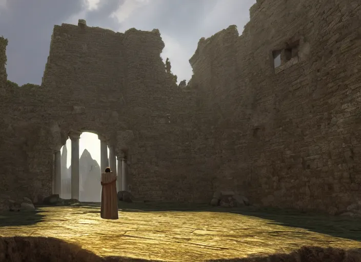 Image similar to a land of ruins of lost civilization with a distant fort in the middle, pure gold pillars, water tunnels below and a magical time gate to another dimension, a man wearing a white robe standing watching over, dramatic lighting, dawn, by caspar david friedrich, unreal engine 5