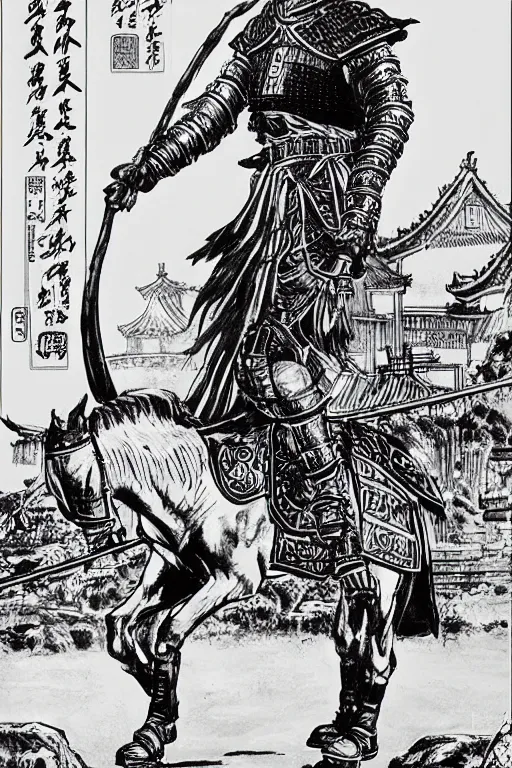 Image similar to A very detailed Chinese knight walking alone with his black horse, very detailed grand Chinese martial arts cityscape, desolate, black & white, silhouette by janus, Brian Bolland, book cover