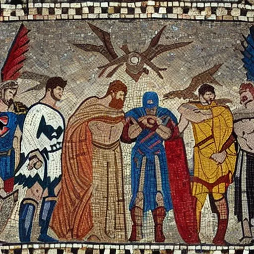 Prompt: beautiful roman mosaic of batman vs superman, rome, 1 0 0 ad