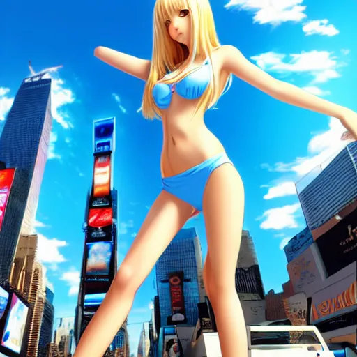 Image similar to a very beautiful young anime giantess, full body, standing in time square, long wavy blond hair, sky blue eyes, full round face,, bikini, miniskirt, front view, mid - shot, highly detailed, cinematic wallpaper by stanley artgerm lau