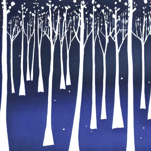 Image similar to An indigo forest in Japan, dark, midnight, seven ghostly white trees