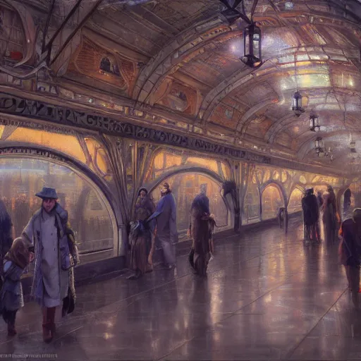 Prompt: train station for spirits and souls, detailed, centered, digital painting, artstation, concept art, donato giancola, joseph christian leyendecker, wlop, boris vallejo, breathtaking, 8 k resolution, extremely detailed, beautiful, establishing shot, artistic, hyperrealistic, beautiful face, octane render, cinematic lighting, dramatic lighting, masterpiece