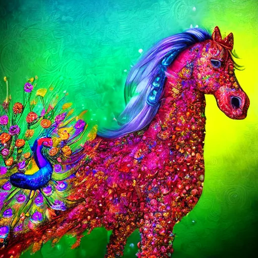 Prompt: a horse made of multi-colored roses being ridden by a friendly iridescent peacock, digital art, 3D render, trending on artstation.