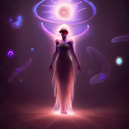 Image similar to mystical female creature with glowing energies and particals, surrounded by spirits, gloomy cinematic lighting, highly detailed, illustrated novel