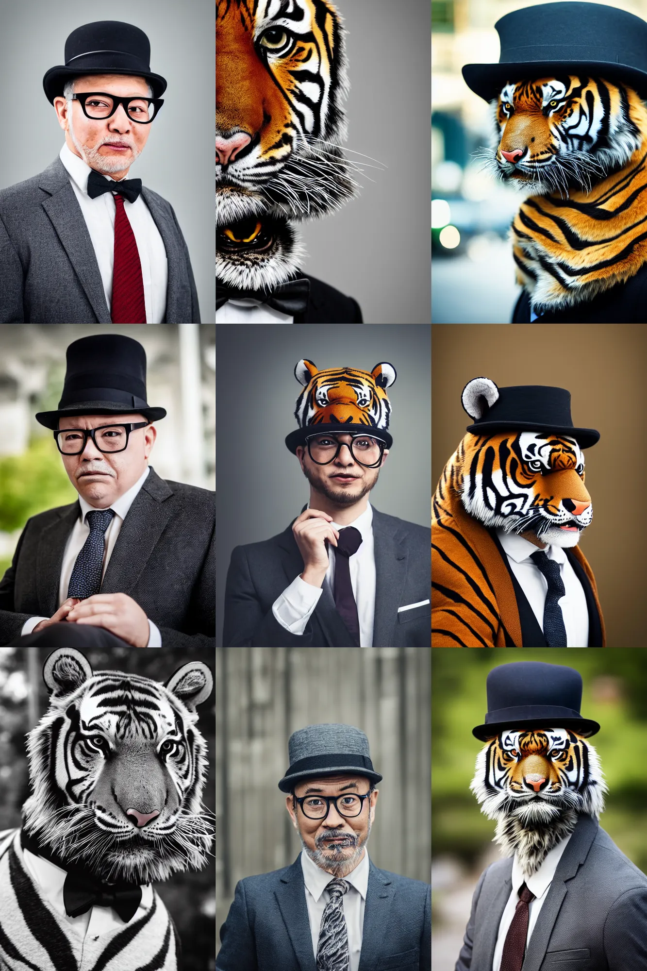 Prompt: high quality portrait photo of a !older tiger! wearing a business suit and tie, wearing a bowler hat, !wearing spectacles!, !!Anthropomorphic!!, photography 4k, f1.8 bokeh, 4k, 85mm lens, sharp eyes, looking at camera