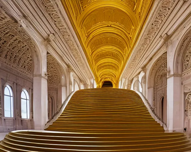 Image similar to city sized clay sculpture in a huge room. golden staircase that ascends towards the moon