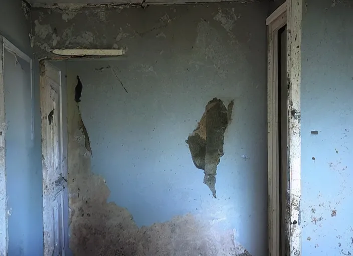 Image similar to A terrifying room, haunted, a disturbing room, paint peeling of the walls