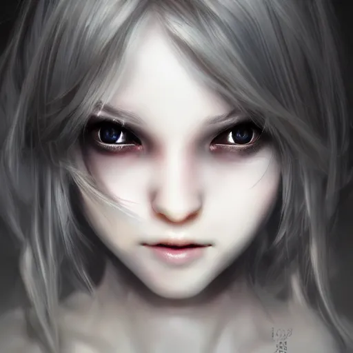 Image similar to a douyin egirl portrait glowing white glowing eyes white skin grunge evil cute kawaii, 3 d render, hyper realistic, final fantasy 1 2 style, hyper realistic, humanlike