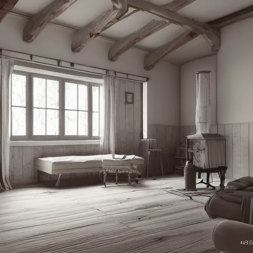 Image similar to 1 9 2 0 farmhouse interior design style, hyper realistic, octane render,