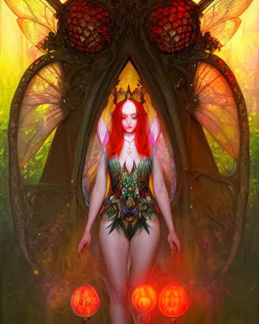 Image similar to stunningly beautiful female faerie priestess in amanita muscaria forest landscape, symmetrical wings on back, symmetrical face, neon hair, fantasy art, dark light night, sharp focus, digital painting, 4 k, concept art, art by wlop, artgerm, greg rutkowski and alphonse mucha