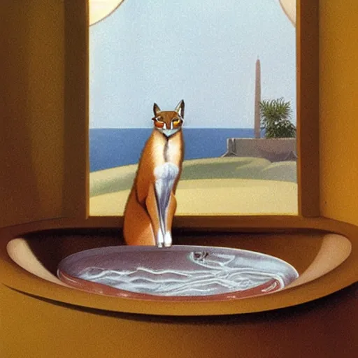 Image similar to cute caracal in bathtub, by Ralph McQuarrie